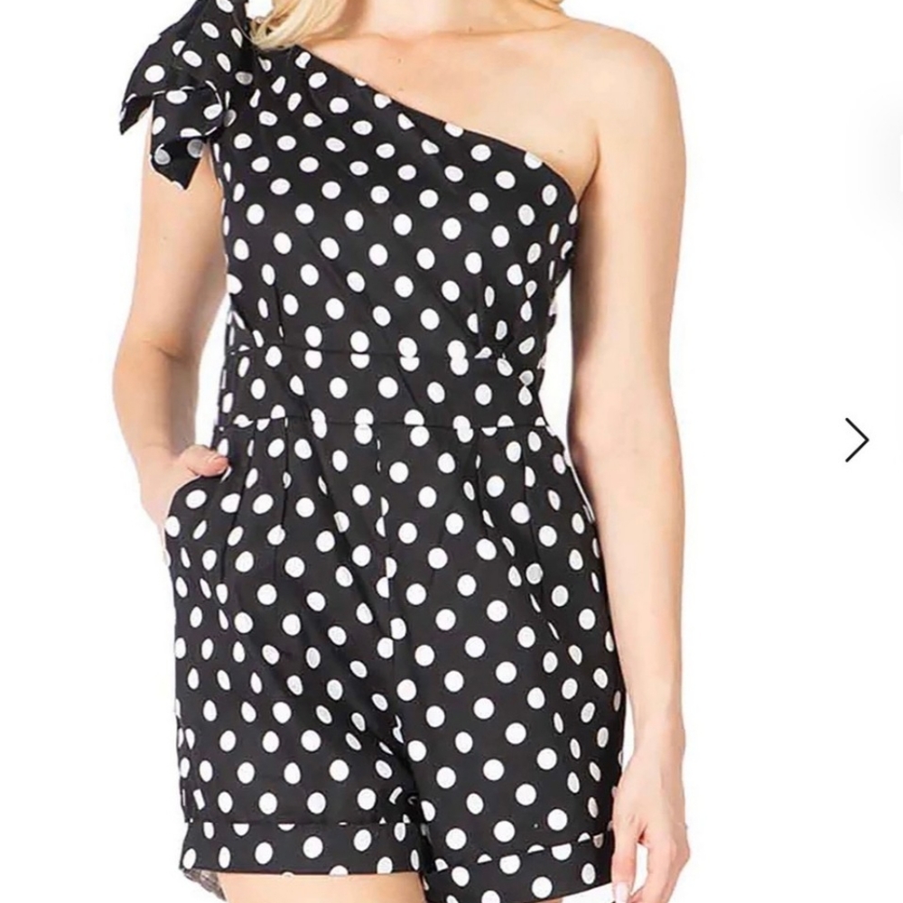 BCBGMAXAZRIA Polka Dots Poplin Romper Shorts Jumpsuit One Shoulder - Picture 9 of 11